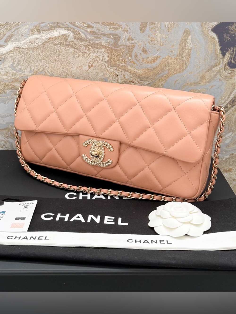Chanel 23P CC Pearl Quilted Lambskin Leather Chain Flap Clutch